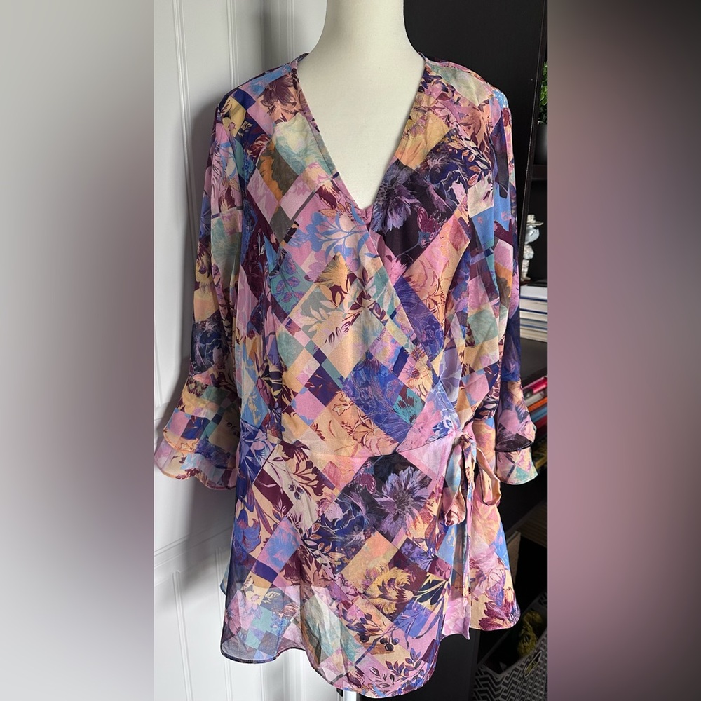 City Chic Floral Patchwork Faux Wrap Blouse | Purple Pink Blue